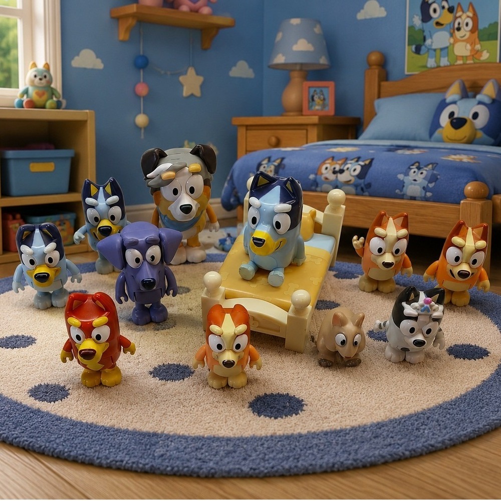 Bluey and Friends Figure Lot with Bed Accessory 12 Piece Set Bingo Muffin Rusty